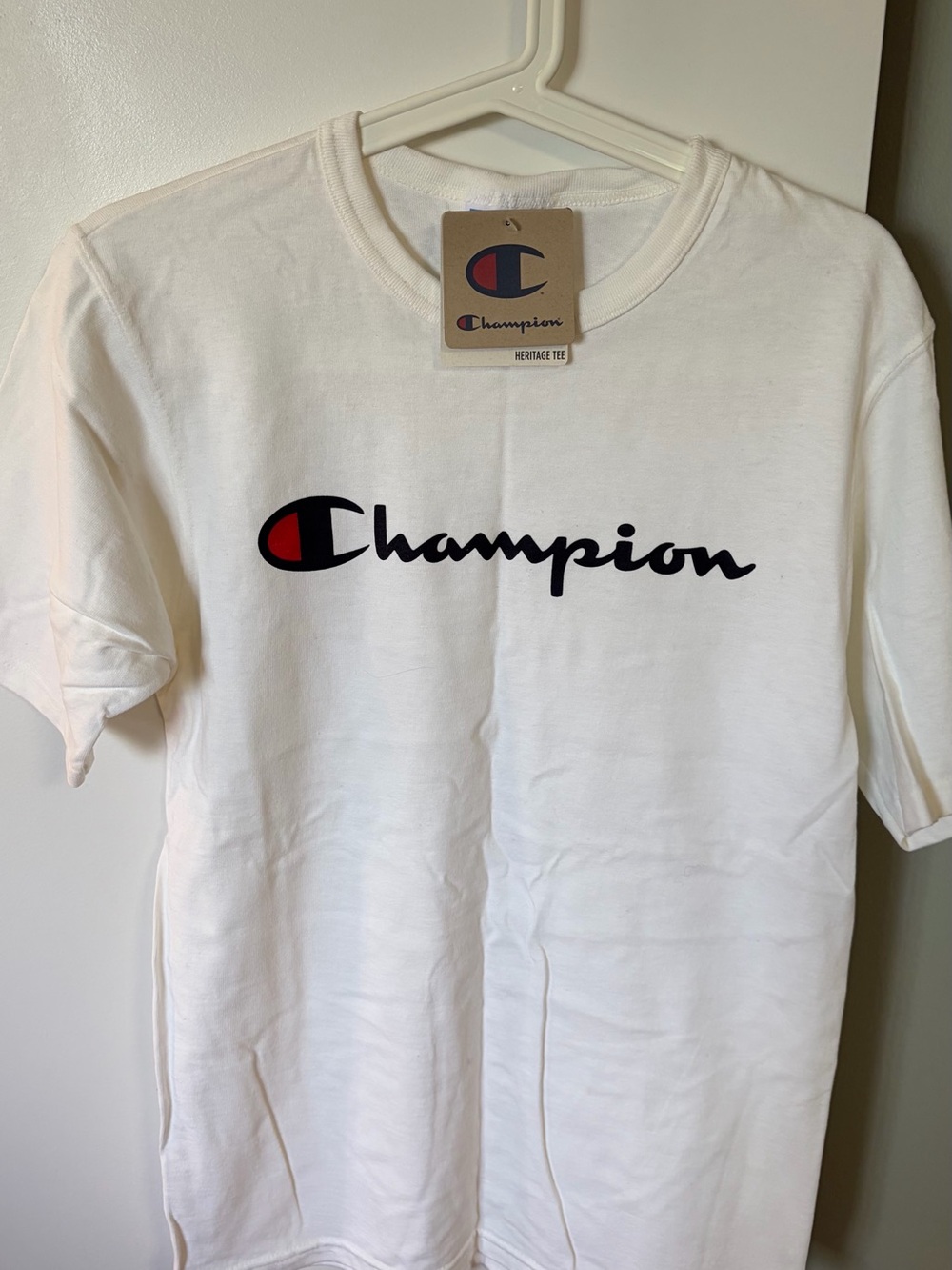 Champion White Tee with Blue and Red Logo